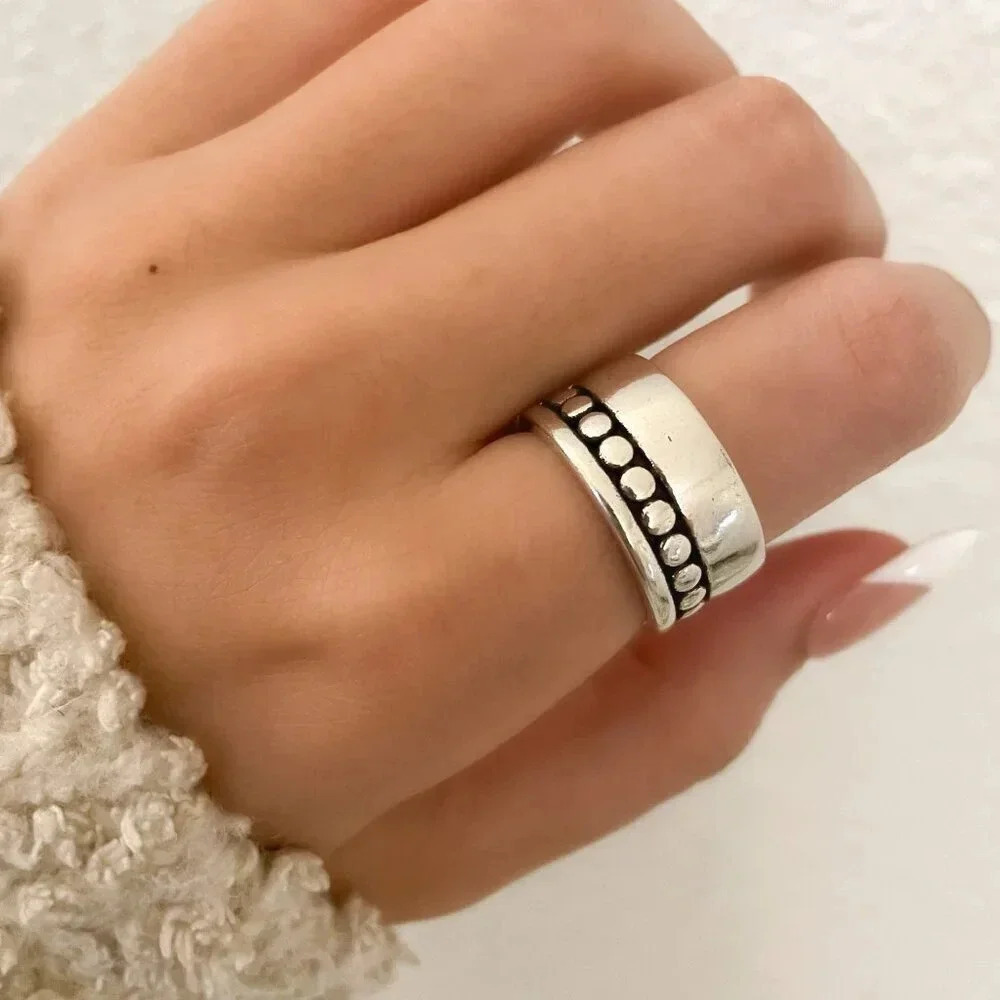 Wide Sterling Silver Band Ring with Dot Accent - Silver